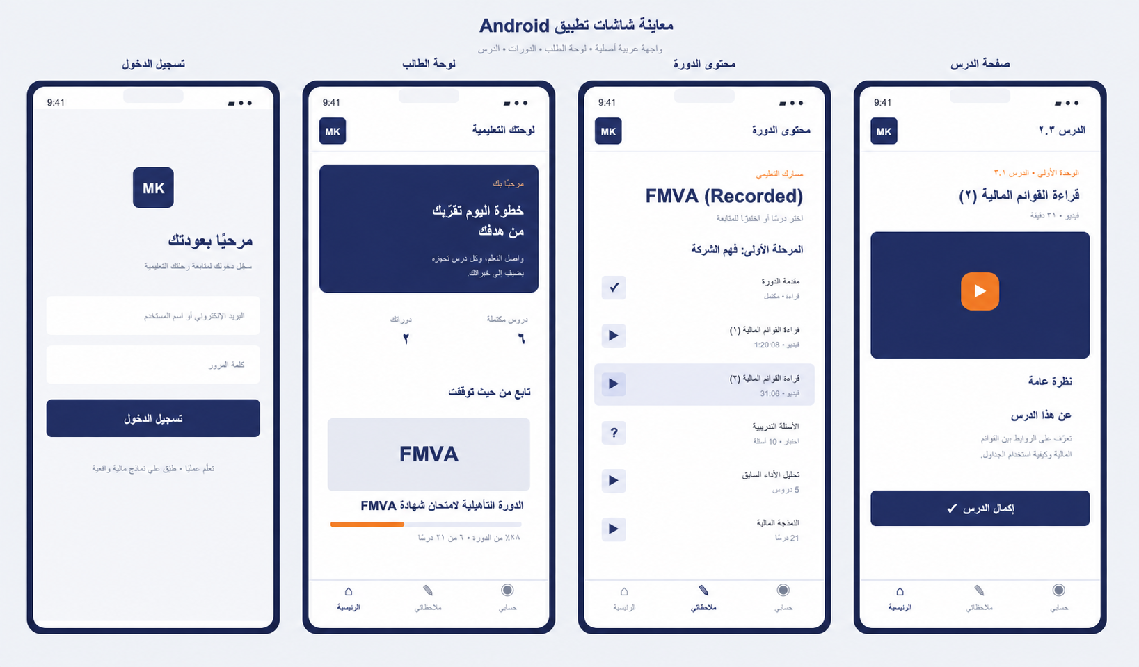 معاينة شاشات تطبيق MK Pro: تسجيل الدخول، لوحة الطالب، محتوى الدورة، وصفحة الدرس